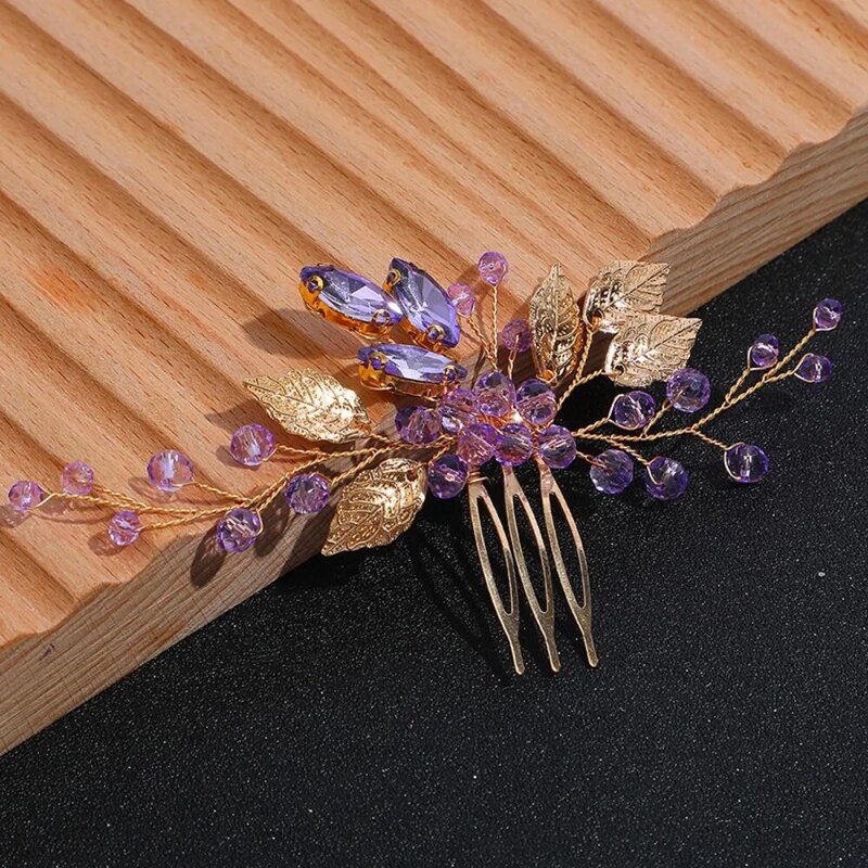 Fioletowe cyrkonie ślubne grzebienie z kryształowymi ślubne na włosy liście ślubne nakrycia głowy ozdoba do włosów akcesoria do włosów