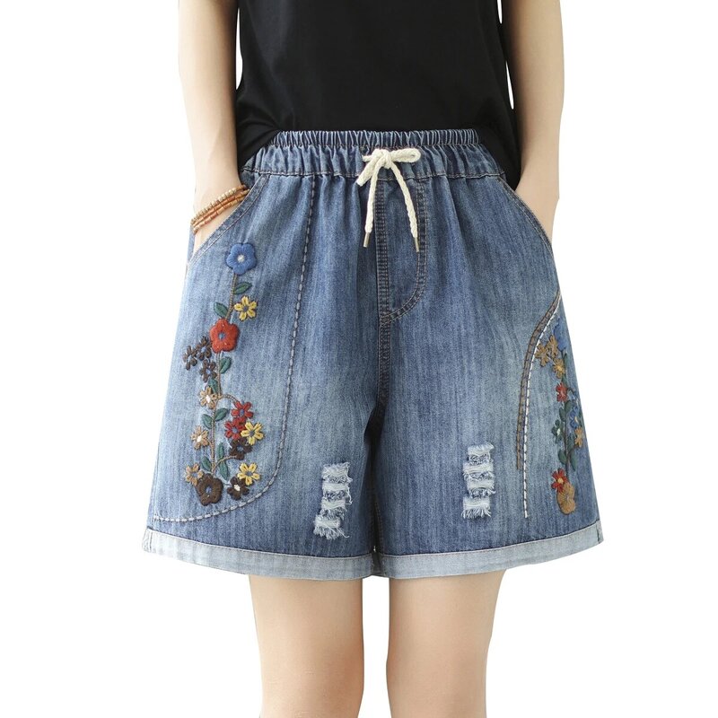 Aricaca Women Beautiful Flower Embroidered Denim Shorts Female M-2XL Casual Ripped Shorts