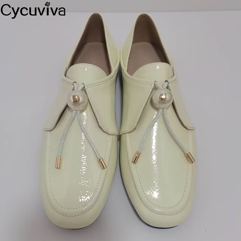 Black Leather Flat Loafers Shoes Woman Round Toe Turn Pearl Buckle Dress Flats Shoes Party Causal Comfort Walking Driving Shoes