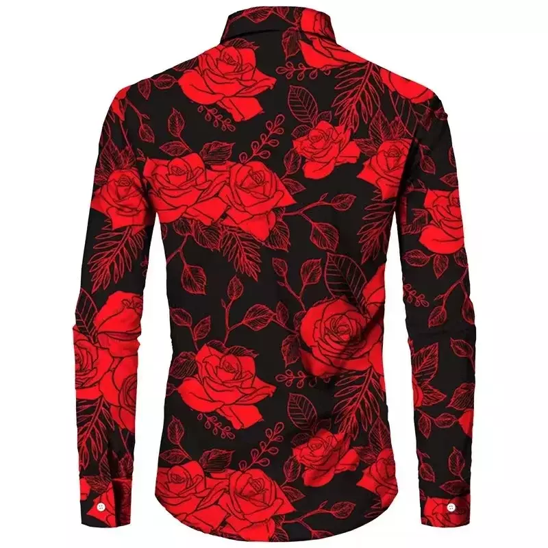 남성용 캐쥬얼 야외 세트 라펠 셔츠, 긴팔, 부드럽고 편안한 소재, 플로럴 로즈 레드 HD 패턴, 용수철 및 가을
