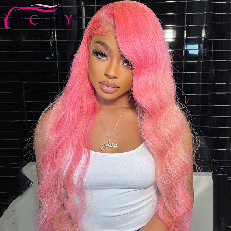 Peluca de cabello humano brasileño ondulado para mujer, postizo de encaje Frontal transparente HD, color rosa, 4x4, sin pegamento, listo para usar