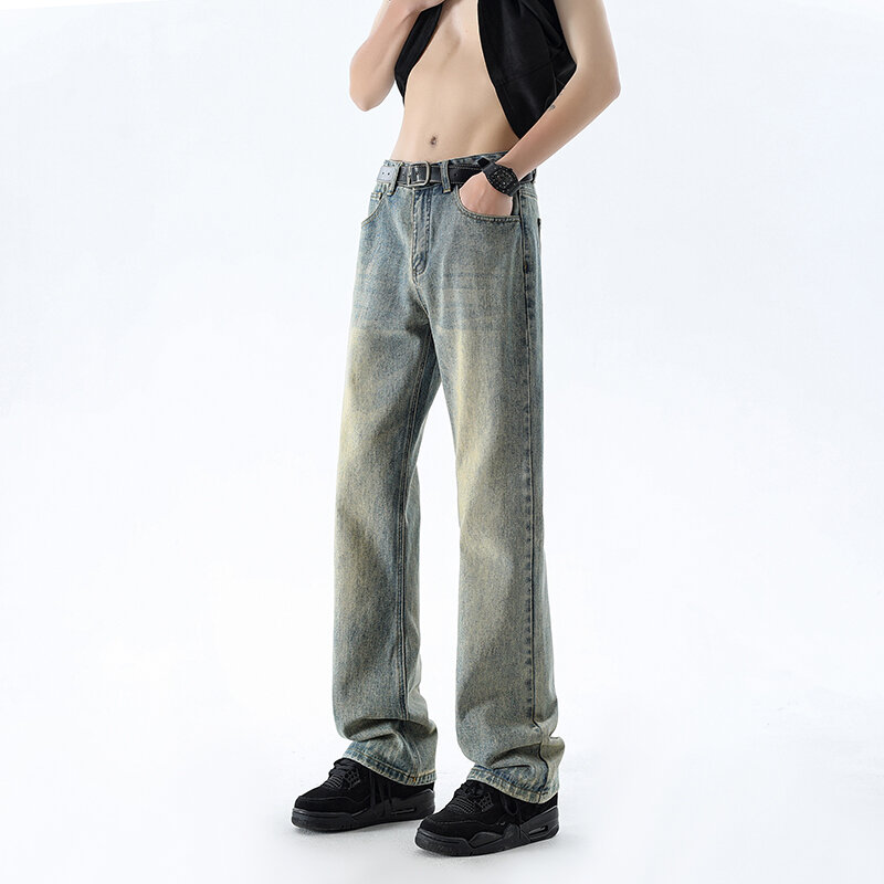 High street dark niche slim cut jeans Trendy day pants zipper fashion new = popular summer micro elastic jeans for men and women