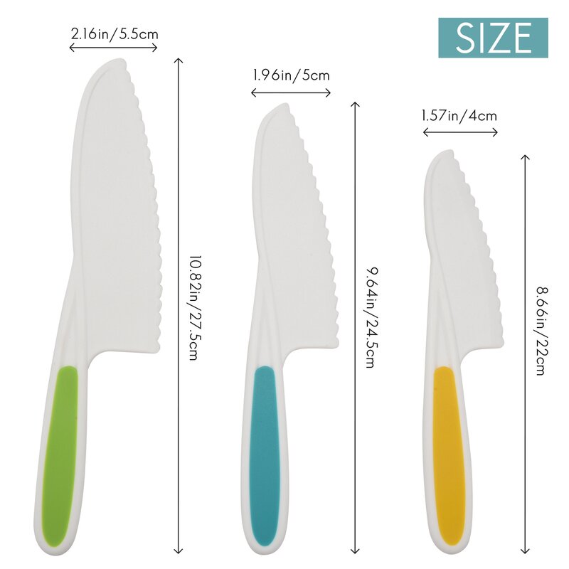 Nylon Kitchen Baking Knife Set para crianças, aperto firme, bordas serrilhadas, facas de cozinha infantil, 3 pcs