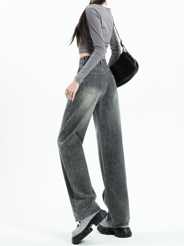 Jeans a gamba larga a vita alta a forma di pera per le donne 2023 autunno nuovo stile lavato retrò versione stretta pantaloni dritti fino al pavimento