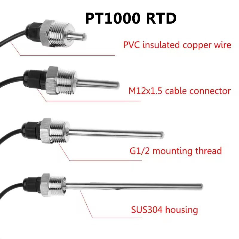 DS18B20 Digital Temperature Sensor G1/2" Thread Probe DIA=8mm PVC 3-core Wire SUS304 Stainless Steel Shell  L30-150mm