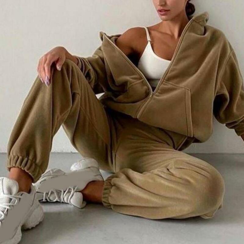 2 teile/satz lange Ärmel Reiß verschluss Knopfleiste Manschetten Frauen Trainings anzug Anzug Herbst Winter Kapuze Sweatshirt Jogging hose Set Streetwear