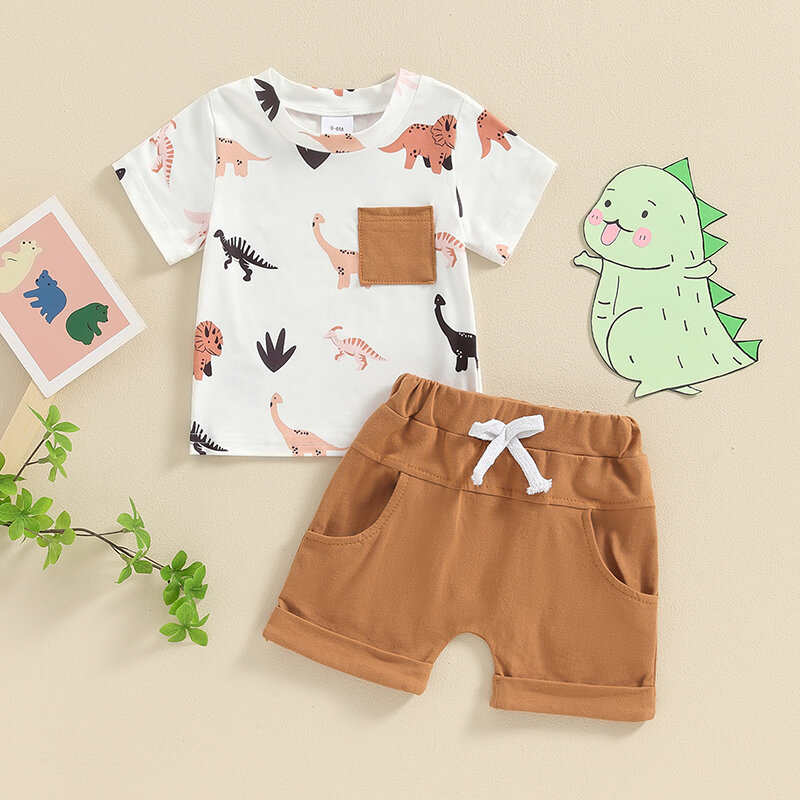 Setelan pakaian musim panas bayi laki-laki, setelan baju celana pendek balita cetak dinosaurus atasan cocok Musim Semi 2 potong