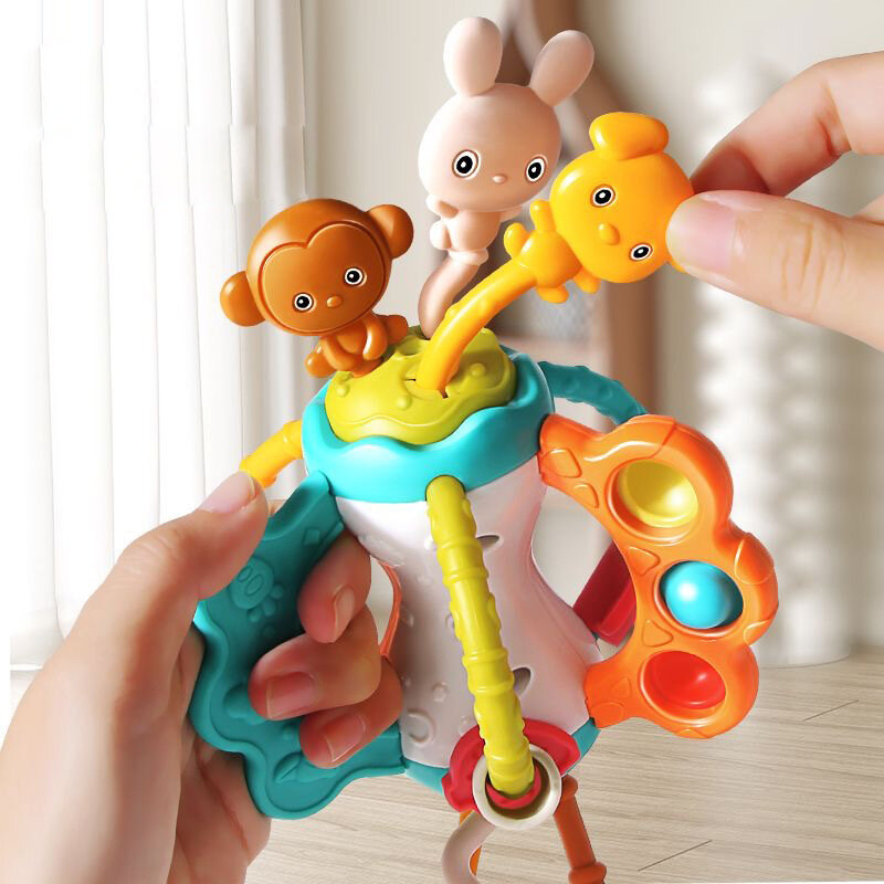 Montessori mainan tali tarik silikon bayi Pull String Teether mainan sensorik pegangan UFO pelatihan Motor keterampilan mainan pendidikan untuk anak-anak