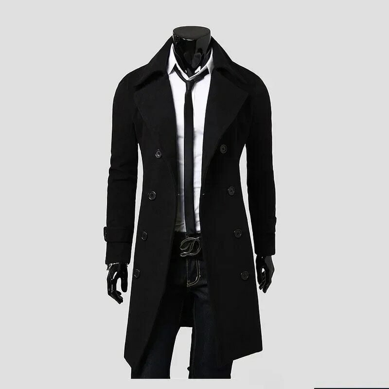 Trench coat de mistura de lã masculino, casaco longo, slim fit, monocromático, casual, roupas da moda, outono, inverno, 2023