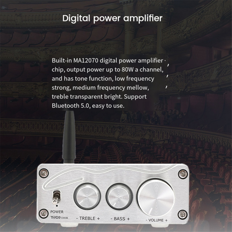 HiFi Sound Amplifier MA12070 80Wx2 Bluetooth 5.0 Stereo Audio Power Amplifier for Home Theater Karaoke Amplifiy-Silver