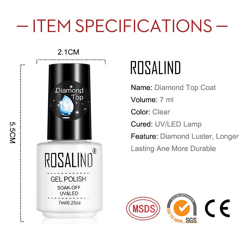 ROSALIND-esmalte en Gel para uñas, barniz de capa superior mate, lámpara UV, refuerzo de 7ml, de larga duración, para manicura artística