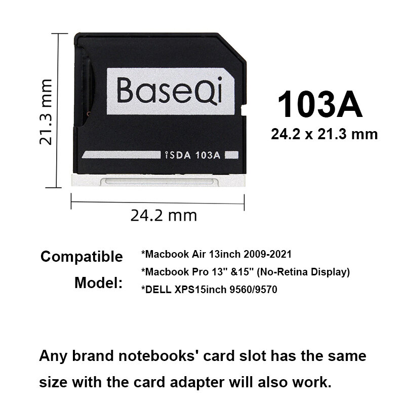 Basqi-MacbookAir用アルミニウムマイクロSDカードアダプター,13インチ,Year2009-2021または15インチ,保護アダプター,2012