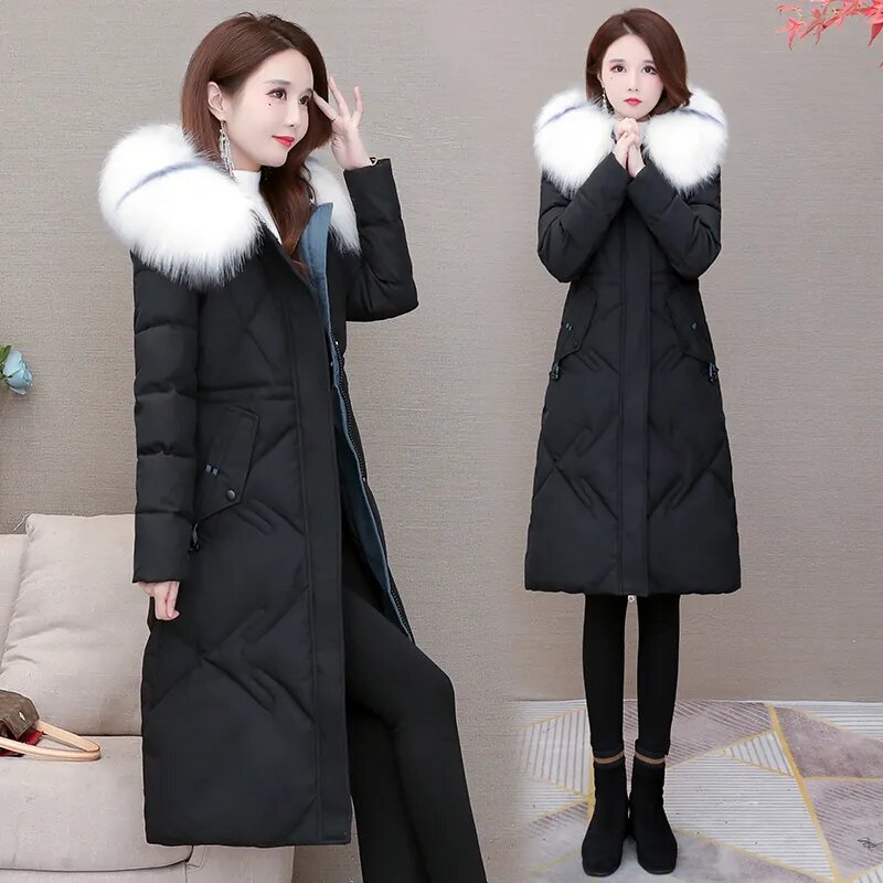 2023 Winter New Fashion Fur Collar Hooded Jacket Women Parkas Long Down Cotton Overcoat Female Casual Thick Warm Outwear Coat