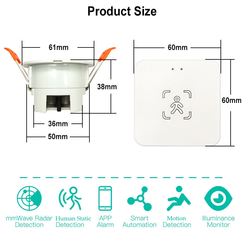 Tuya Smart Zigbee Sensor de Movimento Millimeter Wave Radar, Detector de Presença Humana, Luminância, Detecção de Distância, WiFi, 5V,110 V, 220V