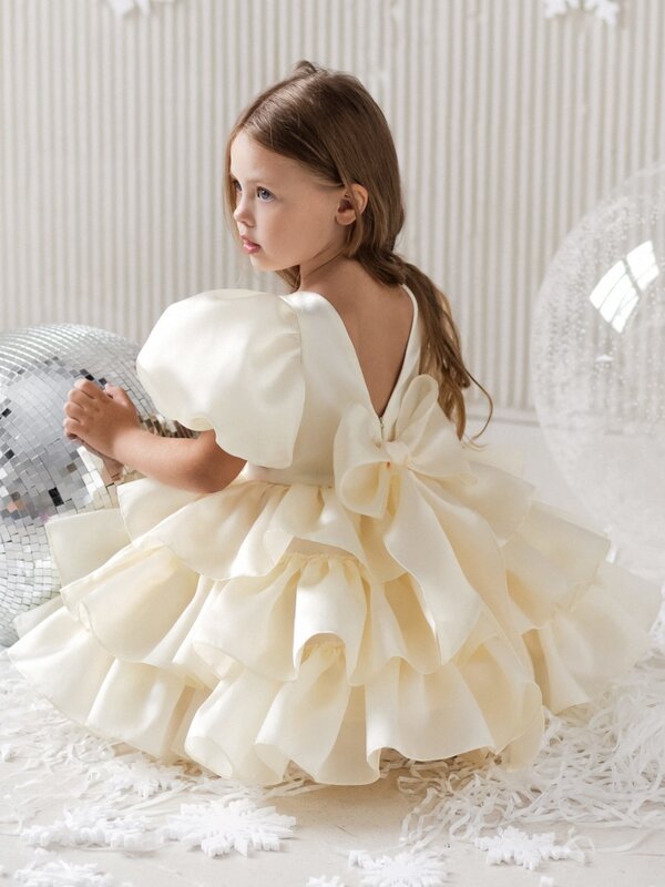 Flower Girl Dresses Beige Solid Tiered With Bow Short Sleeve For Wedding Birthday Party Holy Communion Gowns