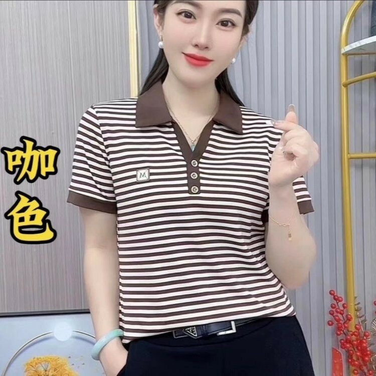 Summer Women's Pullover Striped Short Sleeve T-shirt Stand Polo Collar Contrast Casual Fashion Polo Shirt Tops