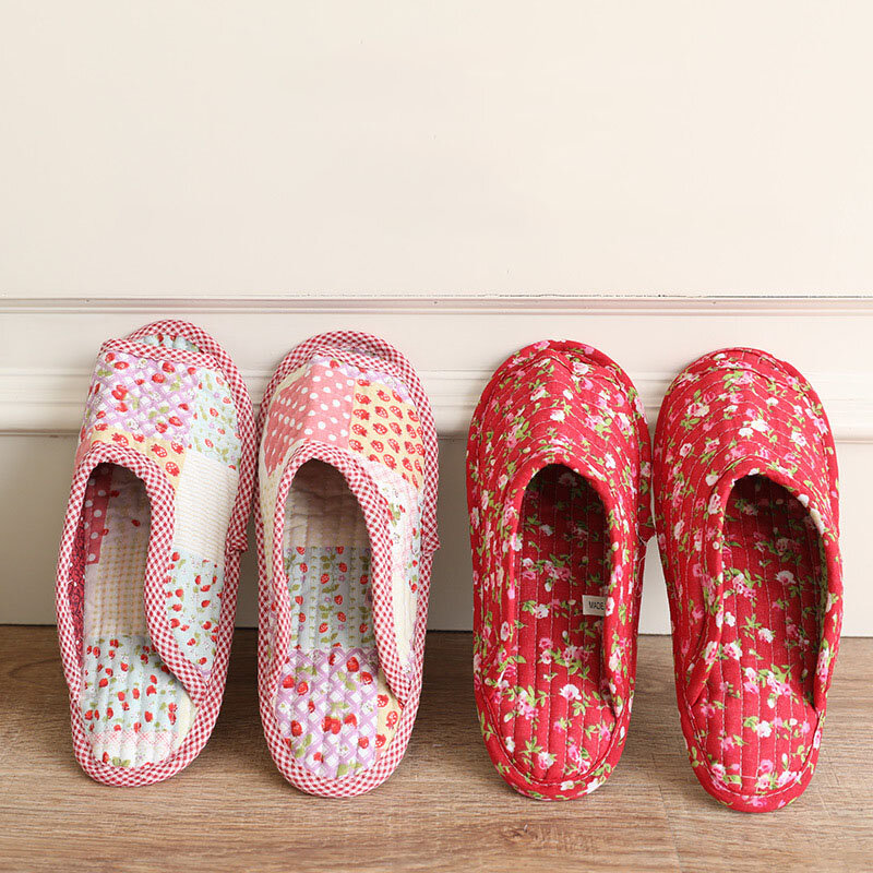 25Cm Sandal Sepatu Rumah Bunga Vintage Sandal Rumah Kain Katun Wanita Sepatu Flat Nyaman Jahit Dalam Ruangan Perjalanan Lembut Baru