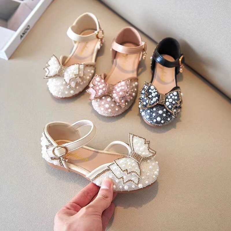 2024 New Girl Sandals Cute Bow Pearl Sequins Kid Princess Shoes Flat Heels children Dancing Size 21-36