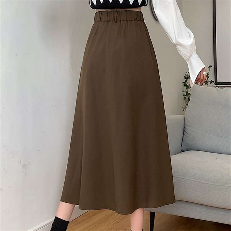2023 New Spring Summer High Waist Midi Skirt Women Casual Pocket Solid Color Loose A-Line Umbrella Skirt Female Petticoat