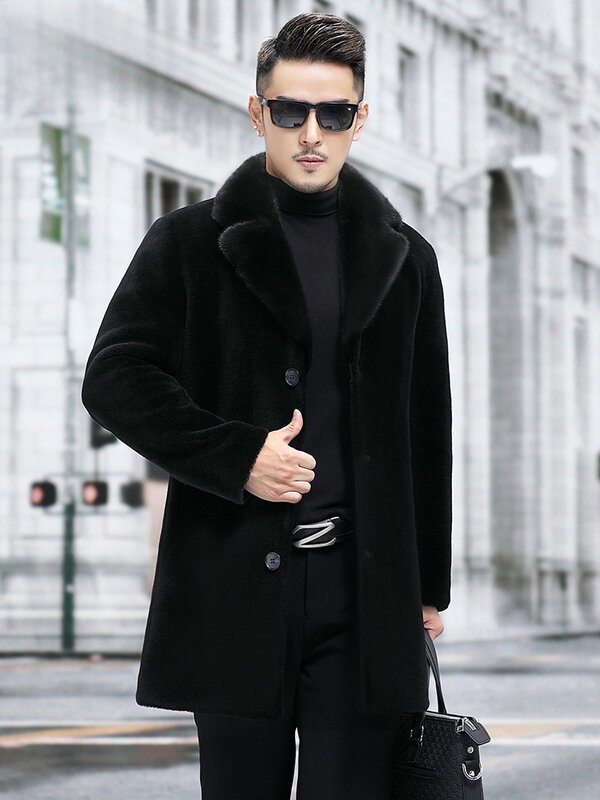 2023 Men Winter New Real Mink Fur Collar Coats Male Long Single Breasted Overcoats Men Genuine Wool Fur Warm Jackets P506