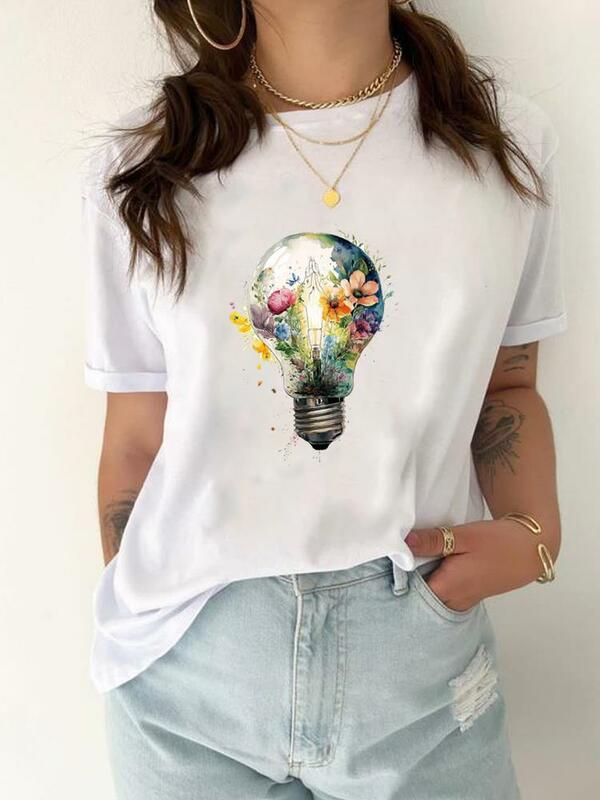 T-shirt manches courtes femme, mignon et décontracté, à la mode, avec image de fleur de livre