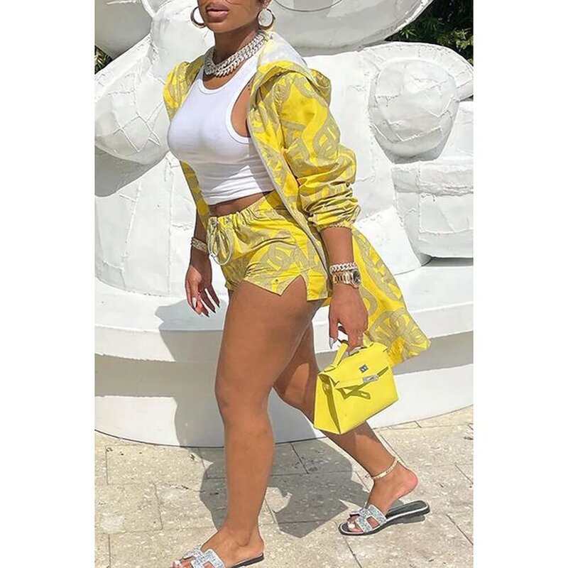 Plus Size Yellow Casual Print Hooded Drawstring Two Pieces Short Sets