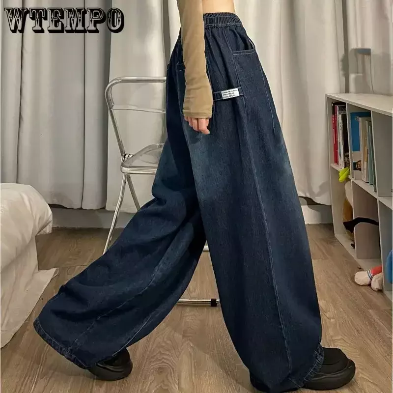Spring Women Vintage Baggy Jeans Elastic Waist Oversized American Trouser Denim Wide Leg Streetwear Straight Basic Pants Y2k