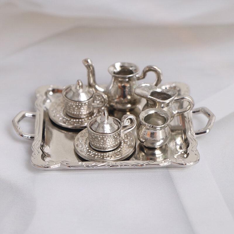 10 Teile/satz Puppenhaus Miniatur Silber Metall Tee Kaffee Tablett Geschirr Set Für Puppenhaus Dekoration
