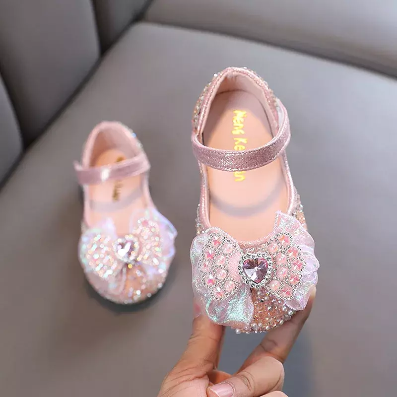 Zapatos de cuero de princesa para niñas, con lazo zapatos de baile, zapatos de espectáculo de fiesta con diamantes de imitación, primavera, H543, 2024