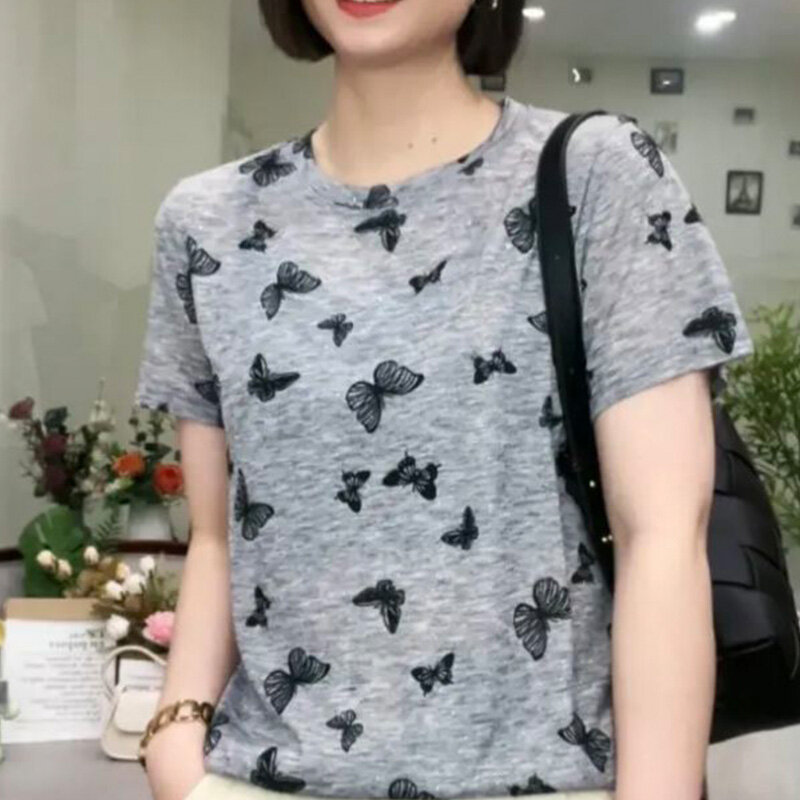 Summer Office Lady Simplicity t-shirt larghe oversize a vita alta per donna Casual Print O Neck top in lino di cotone a maniche corte