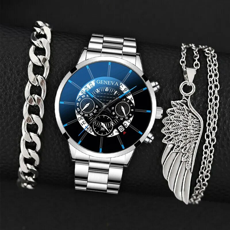 Relógio de pulso de quartzo em aço inoxidável masculino, bracelete prateado, colar de asas, relógios calendário, negócios, moda casual, conjunto 3 peças