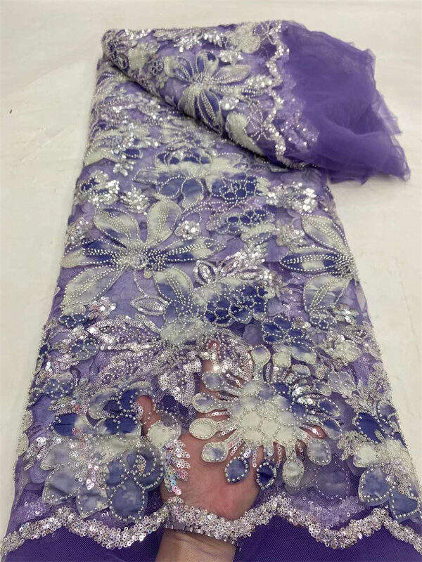 2024 kain renda Tulle Nigeria Afrika cantik kualitas tinggi dengan manik-manik buatan tangan kain renda manik-manik gaun Prom 5 yard