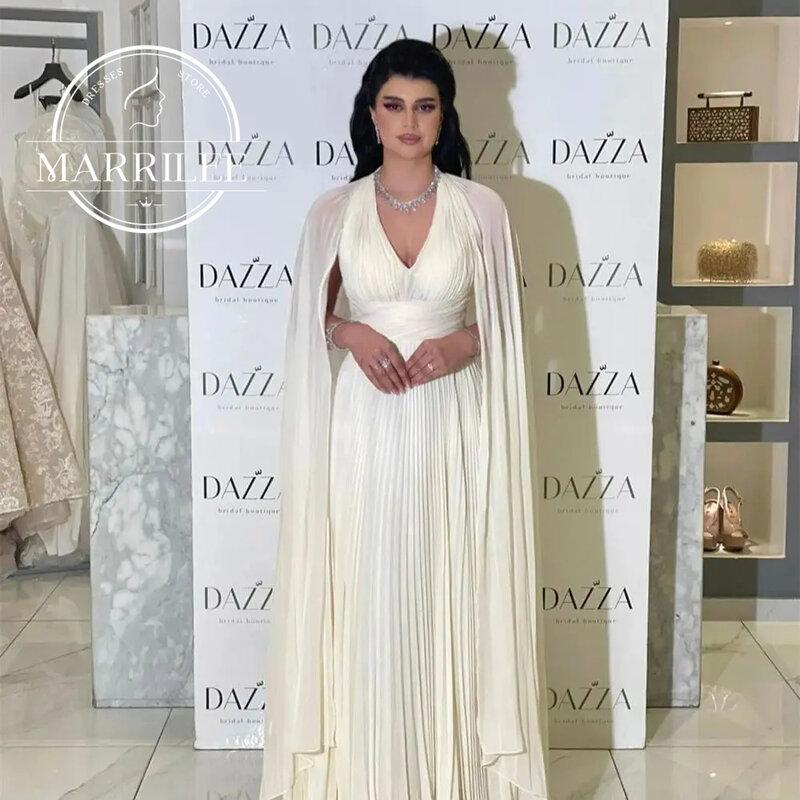 Marrilee Elegant Pleated Ruffles Cape Sleeve Chiffon Evening Dress Charming V-neck A-line Floor Length Prom Gown Formal Occasion