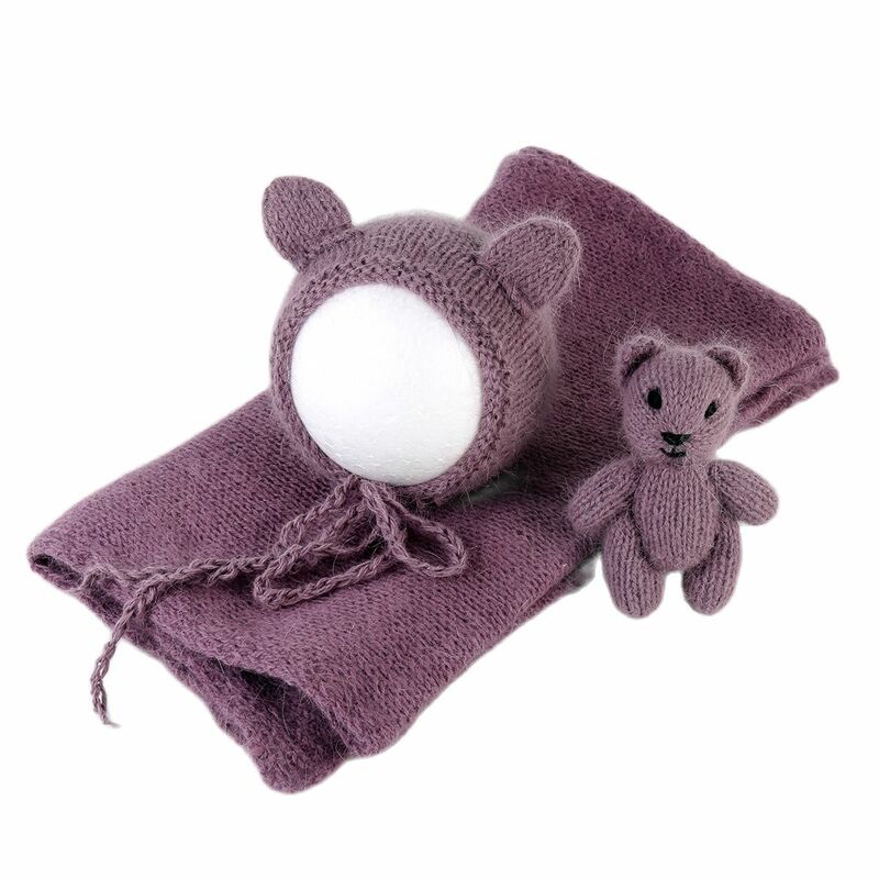Angora Jersey Melar Bayi Baru Lahir Abu-abu Terang Bungkus Rajut dengan Set Mainan Bonnet Beruang Teddy Properti Fotografi Mainan Topi Sweater Bayi Antik