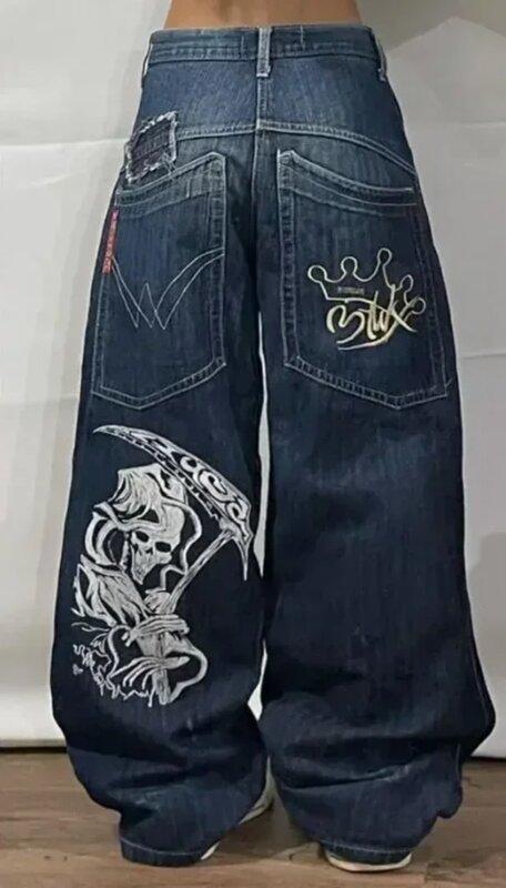 Calça jeans preta Harajuku, rua retrô Y2K, cintura alta casual, palhaço reto solto, design divertido, bordado, novo