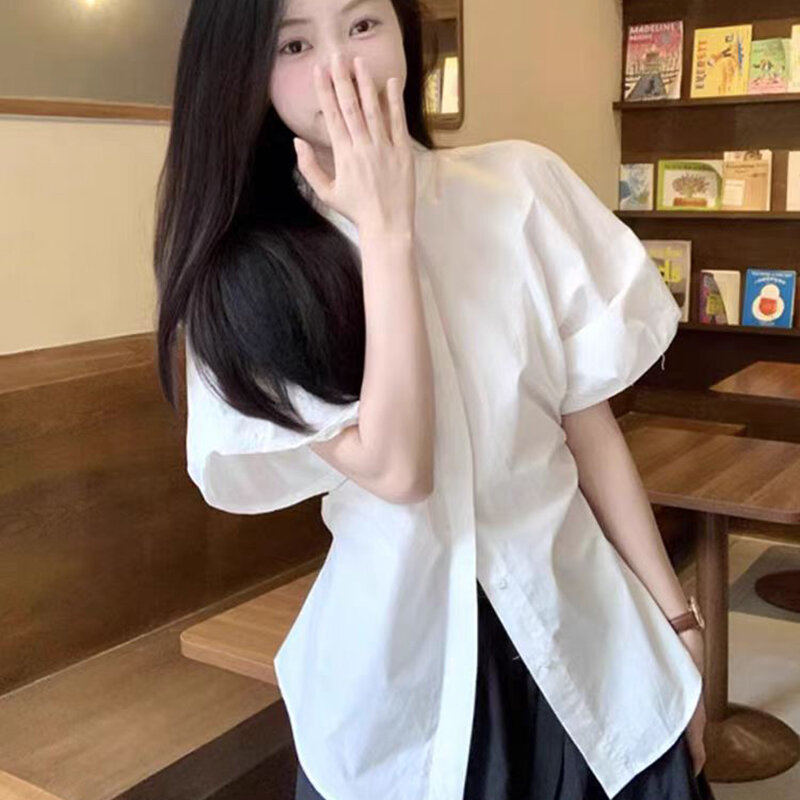 Gidyq-Camisa feminina de manga folhada, 100% algodão, estilo francês, monocromática, doce, estilo formal, elegante, moda verão, blusa feminina