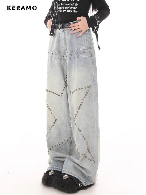 Pantalones vaqueros Retro de pierna ancha para mujer, holgados de Vaqueros cintura alta, color azul claro, estética Harajuku, moda de verano, 2024