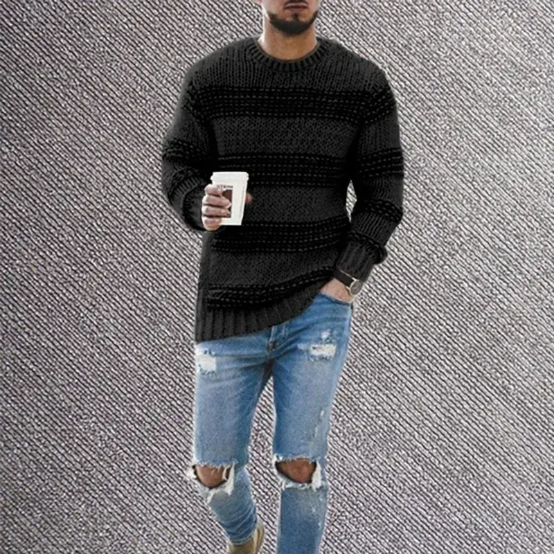 Sweater pria, atasan rajut leher bulat, busana musim gugur/musim dingin, Sweater kasual garis-garis 2023