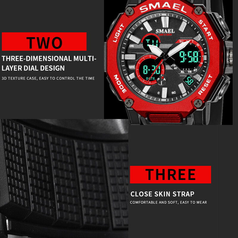 Fashon SMAEL Top Male Clock Alarm 50M Waterproof Stopwatch LED Digital Quartz Dual movement Back Light Men Sports Wrist Watches