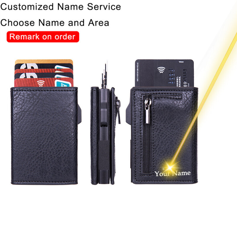 Бумажник с гравировкой на заказ, держатель для кредитных карт, мужской кожаный бумажник с защитой от кражи, RFID, умные фотообои, карманные кошельки на молнии