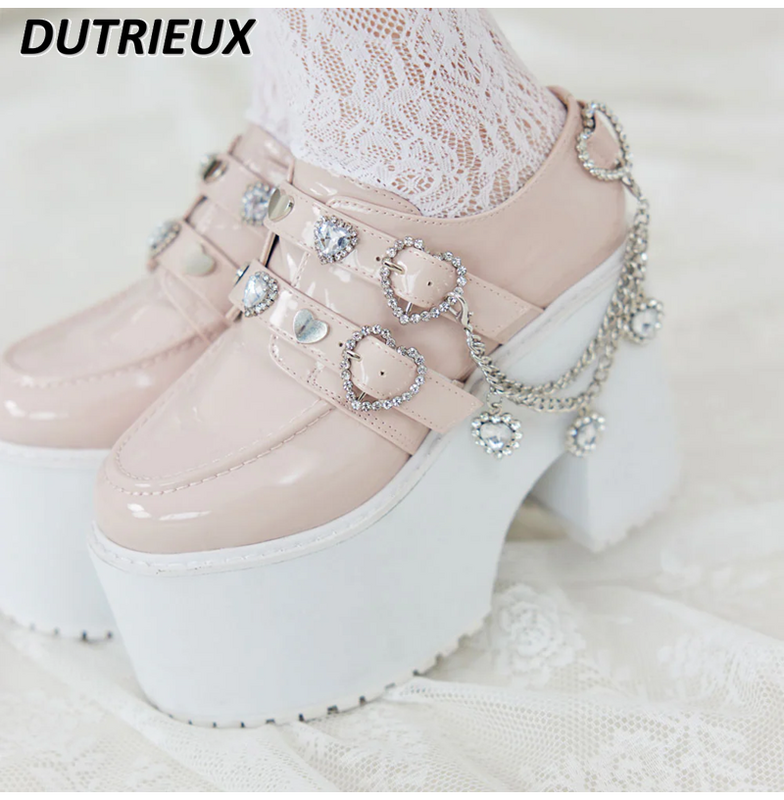 Japanese Lolita Style Rhinestone Love Chain Platform High Heels Mine Sweet Cute Women's All-matching Kawaii Pumps Shoes