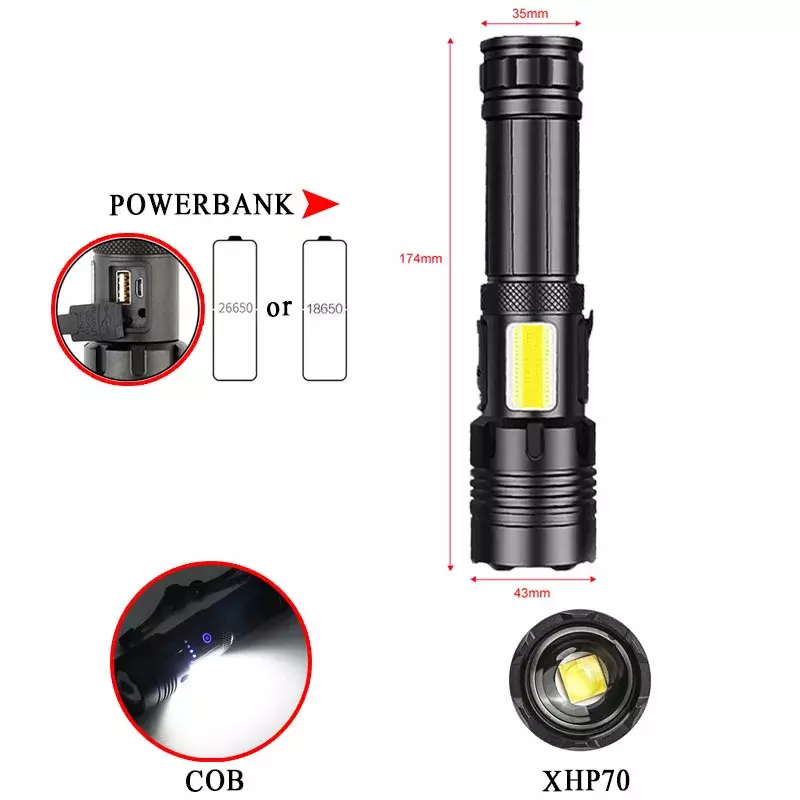 XHP70 + COB Dual Lichtquelle LED Taschenlampe mit Power Bank Zoom Externe Batterie-Licht USB Lade 18650 26650 batterie