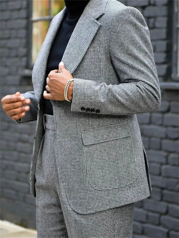 Elegant Single Button Men Suits Lapel Groom Tuxedos Groomsmen Wedding Suit Prom Blazer Plaid 2 Pieces Prom Jacket Pants