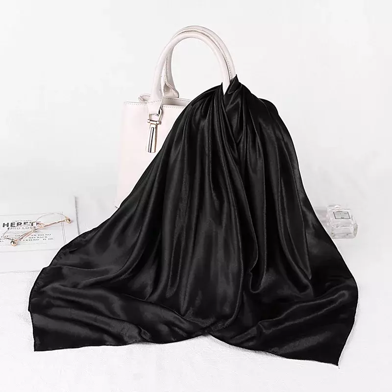 Syal Jilbab Mode untuk Wanita Syal Rambut Satin Sutra Syal Warna Polos Wanita Syal Leher Persegi 90*90Cm untuk Wanita