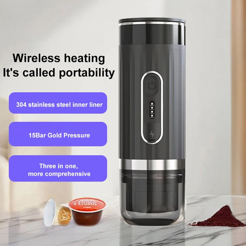 Portable Italian Espresso Machine 3-in-1 Capsule Powder Electric Outdoor Car Mounted Wireless Heating Coffee Machine Fast Charge