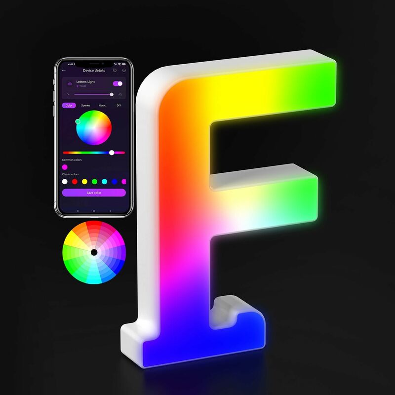 ตัวอักษรเรืองแสงตัวอักษร LED มีสีสันด้วยแอปอัจฉริยะไฟสัญญาณซิงค์เพลงสำหรับเด็กผู้ชายไฟกลางคืนตกแต่งของขวัญเด็กเล็กเด็กผู้หญิงตัวอักษร F