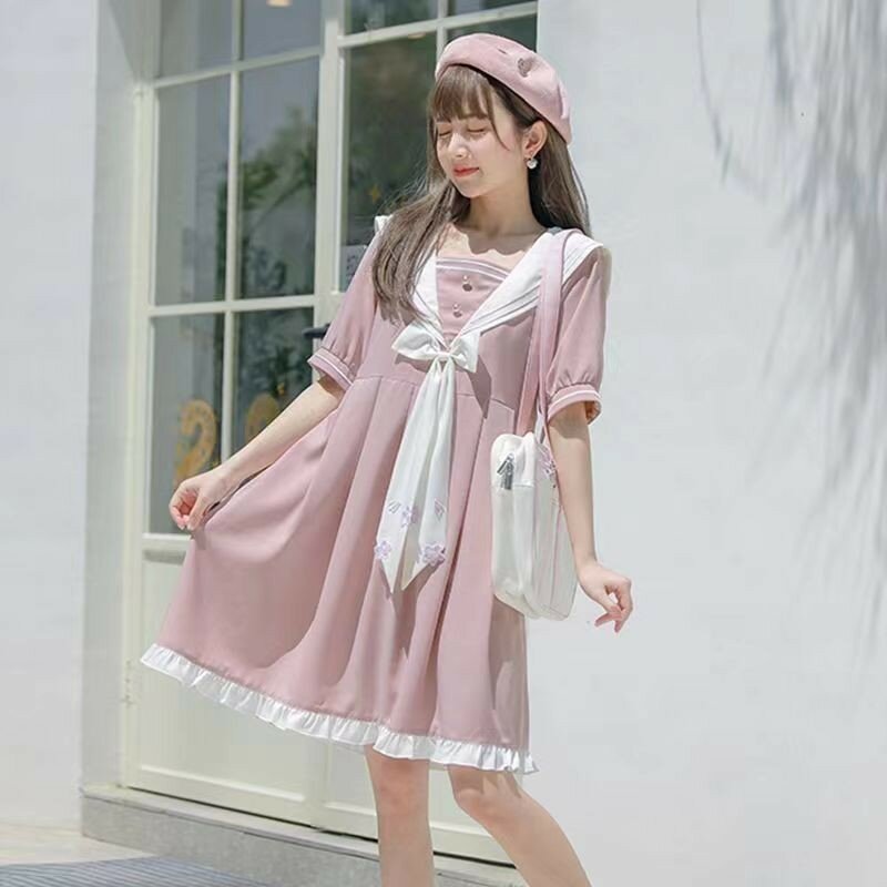 Harajuku Sailor Collar Navy Dress Japanese Lolita Sweet Bow-knot Girl Retro Kawaii Preppy Style Short Sleeve Dress Women 2023