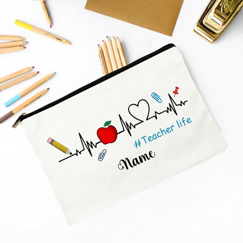 Personalized Makeup Bag Custom Name Cosmetic Case Teacher Life Pencil Bags Canvas  Toiletry Pouch Best Thank Gifts for Teachers
