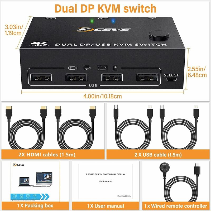 Przełącznik DP KVM 2 Komputer 2 Monitory Wyświetlacz USB KVM Switch dla dwóch monitorów Obsługuje 4K k60Hz dla 2 komputerów Udostępnianie klawiatury Mysz i monitor