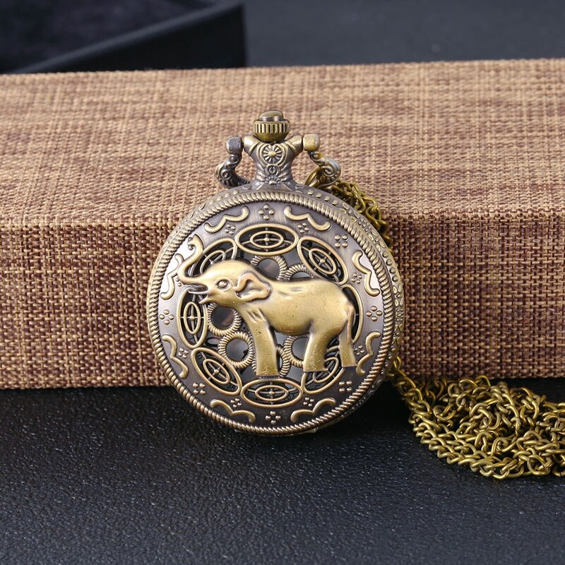 Montre de poche à quartz en dentelle d'éléphant sculptée en bronze, grande montre rétro